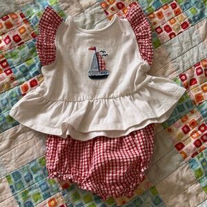 White & Red Sailboat Peplum Baby Top with Bloomers